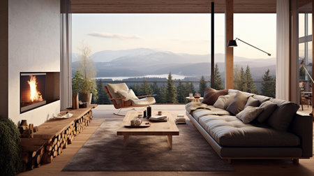 Modern living room interior design with fireplace and mountain view. 3D renderingの素材