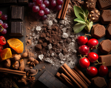 Chocolate, cocoa powder, spices and fruits on a dark backgroundの素材