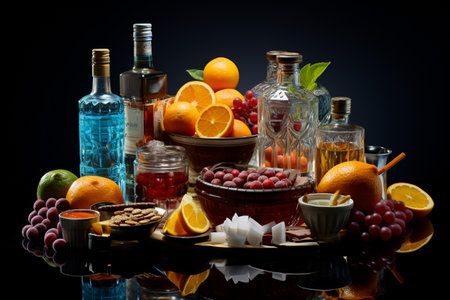 Alcoholic cocktails with fruits and berries on a black background.の素材