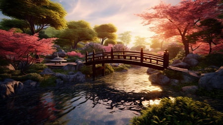Beautiful Japanese garden with bridge at sunset,3d render.の素材
