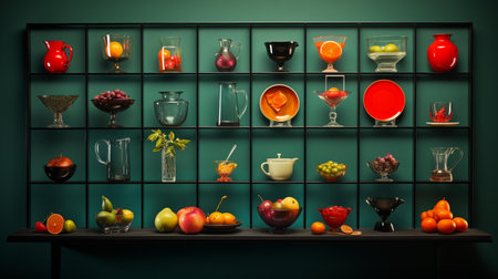 Fruits and vegetables on the shelf in the room. 3d renderingの素材