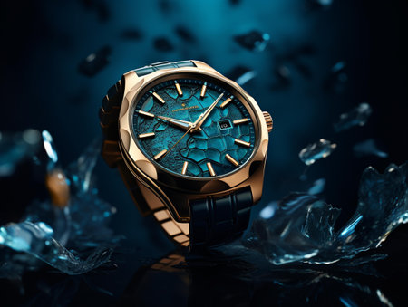 Wristwatch with blue dial on a dark background. 3d renderingの素材