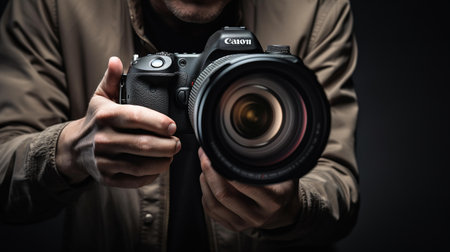 Photographer with a camera in his hands on a dark background.の素材