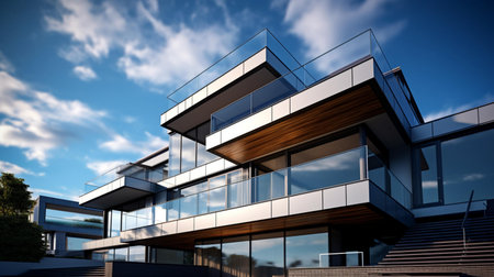 Abstract architectural 3d render of modern apartment building with blue sky background.の素材