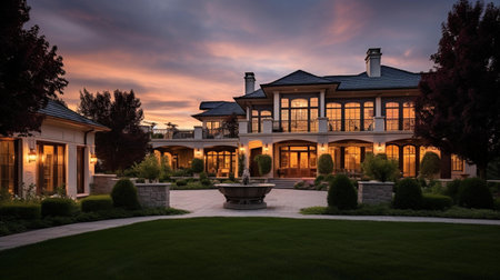 Luxury house with beautiful landscaping in the evening light.の素材