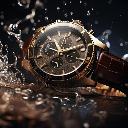 Wristwatch and splashes of water on a dark background.の素材