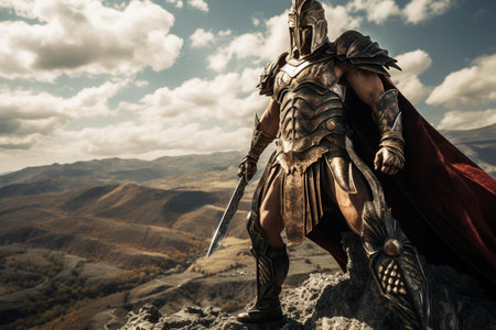 Knight with sword and helmet on the top of the mountain. 3d renderingの素材