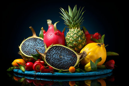 Fruits were placed on a blue plate on a black background.の素材