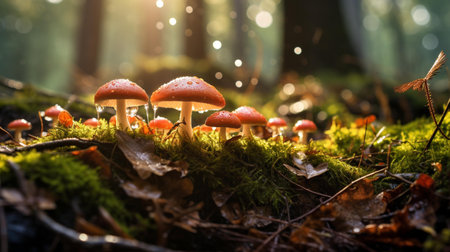 Mushrooms in the forest in autumn season. Selective focus.の素材