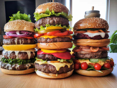 Hamburgers on a wooden table. Close up.の素材
