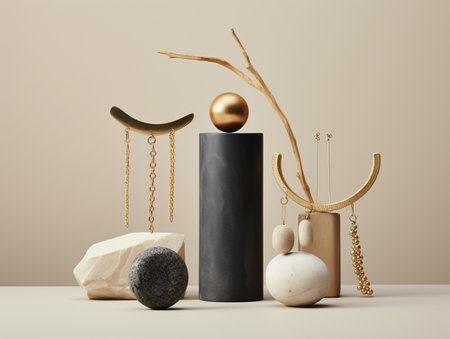 3d render, abstract composition with geometric shapes, black and gold balls, pendants, gypsum stones, beige backgroundの素材