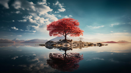 Red tree in the middle of a lake with mountains reflected in waterの素材