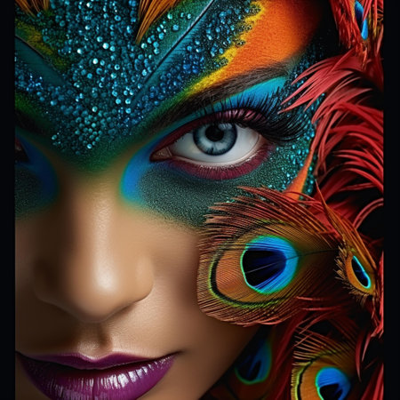 Close-up portrait of beautiful woman with creative make-up and peacock featherの素材