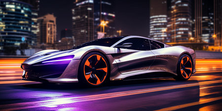 3D rendering of a brand-less generic concept car in the cityの素材