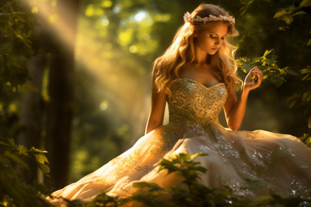 Beautiful young woman in a wedding dress in the summer forest.の素材