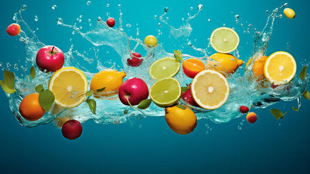 Fruit splashing into water on blue background. 3d renderingの素材