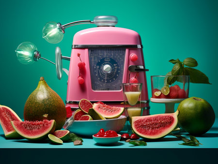 Fruit juicer with fruits and berries on a green background.の素材