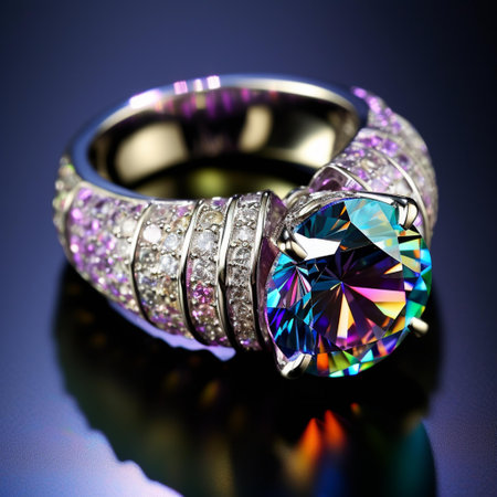 Jewelry ring with diamond on a dark background close-upの素材