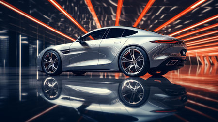3D rendering of a brand-less generic concept car in a studio environmentの素材