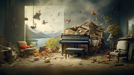 Abandoned room with piano and books. 3d rendering.の素材