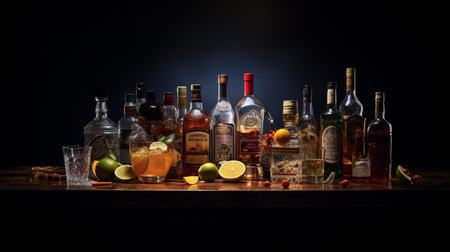 Composition with various alcoholic drinks on dark background. Toned.の素材