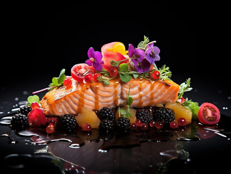 Salmon fillet with fresh berries, blackberries and edible flowersの素材