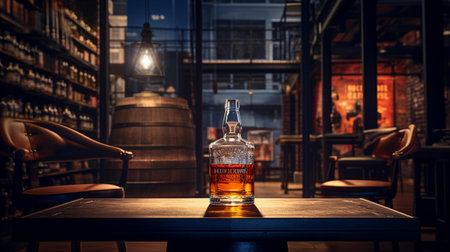 Glass bottle of whiskey on a table in a pub or restaurant.の素材