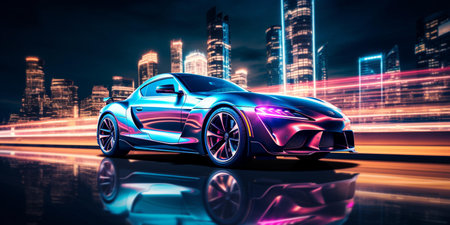 3D rendering of a brand-less generic concept car in the cityの素材