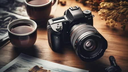 Cup of tea, camera and photos on a wooden table.の素材