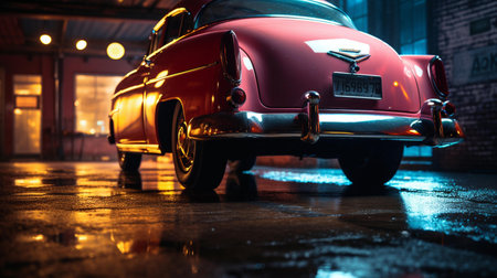 Retro car in the parking lot at night. Selective focusの素材