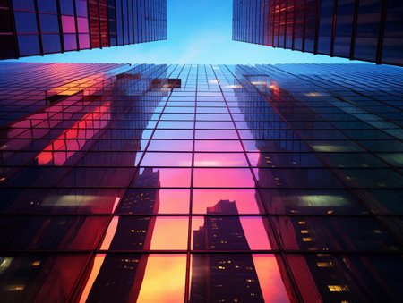 3D render of skyscrapers in business district at sunset.の素材