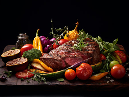 Grilled beef steak with vegetables and spices on a dark background.の素材