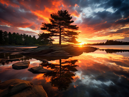 Pine tree on the shore of the lake at sunset. Beautiful summer landscape.の素材