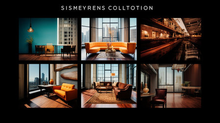 Modern interior design of living room with furniture, armchair, sofa, coffee table and city viewの素材