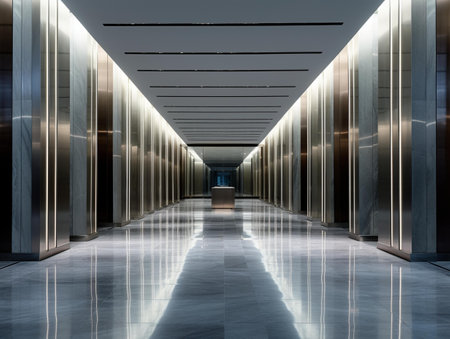 Corridor of modern office building with lights and reflections. 3d renderingの素材
