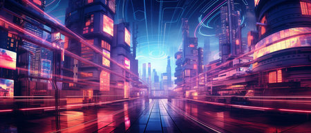 Night city and high-rise buildings with neon lights, 3d renderingの素材