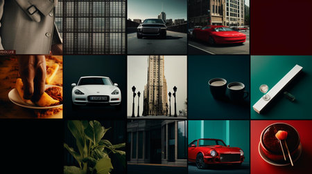 Collage of photos of different types of cars in the city.の素材