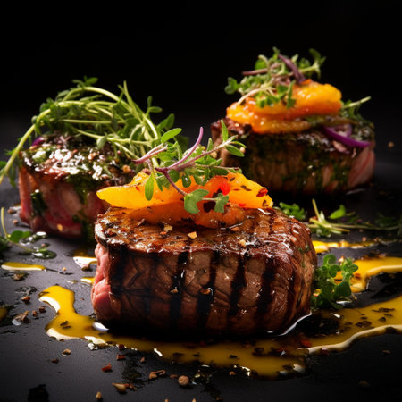 Tenderloin steak with vegetables and sauce on a black backgroundの素材