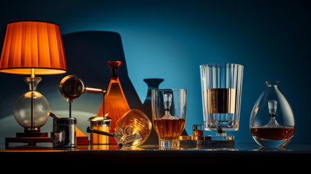 Still life with glass of whiskey, table lamp, bottles and glasses on blue backgroundの素材