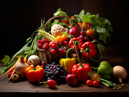 Composition with variety of raw organic vegetables on wooden table. balanced dietの素材