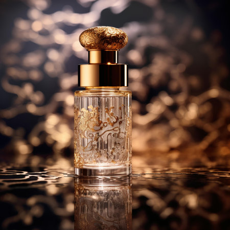 Perfume bottle on a dark background. 3d rendering.の素材