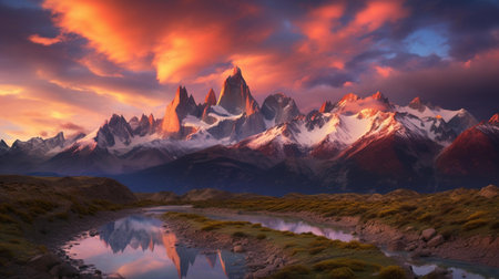 Beautiful panoramic view of Fitz Roy mountain at sunrise, Patagonia, Argentinaの素材