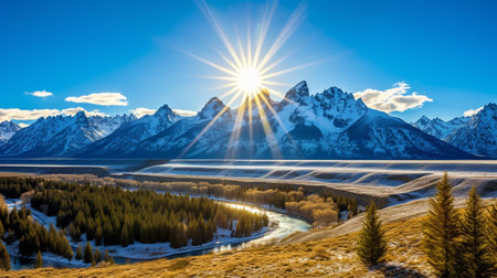 Beautiful winter landscape with snow covered mountains and river. Panoramic view.の素材