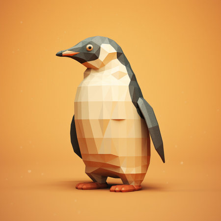 Penguin low poly style on orange background. 3d illustrationの素材