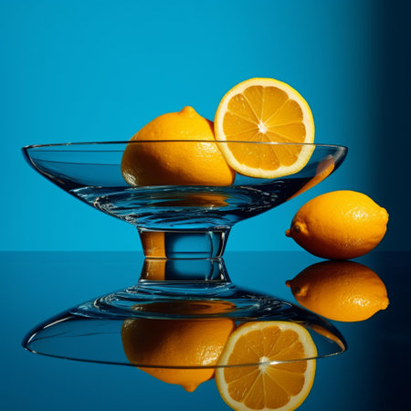 Lemons and oranges in a glass bowl on a blue backgroundの素材