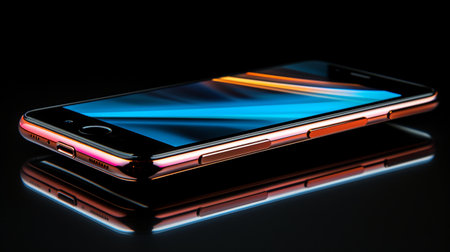 Smartphone with blue light on a black background, close-upの素材