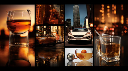 Glasses of whiskey and car on the background of the night cityの素材