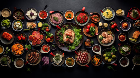 High angle view of a variety of food on a black background.の素材