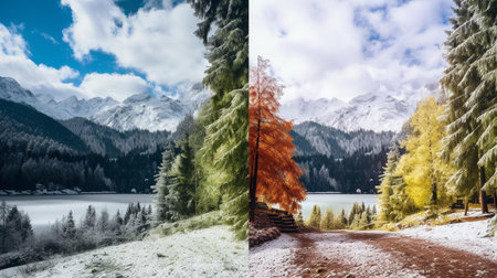 Fantastic winter landscape with alpine lake and snow covered treesの素材