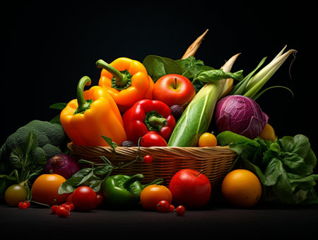Fresh vegetables in a basket on a black background. Healthy foods.の素材